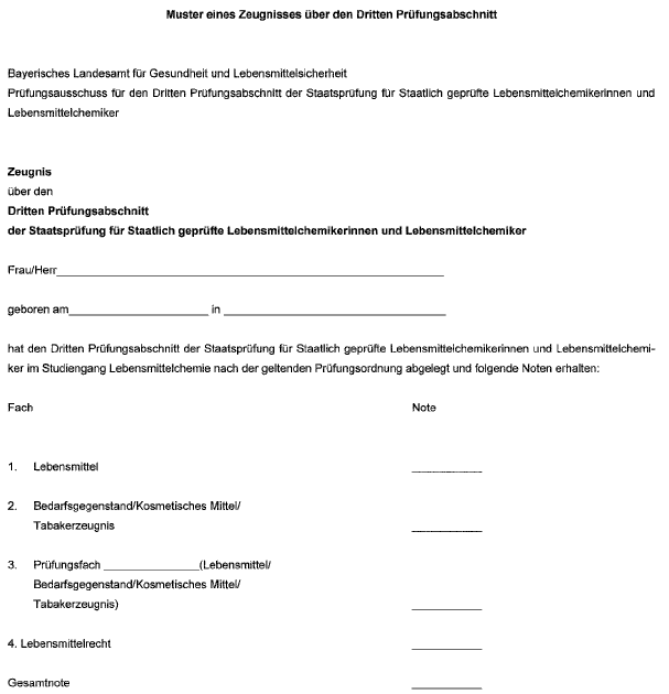 Muster eines Zeugnisses über den Dritten Prüfungsabschnitt