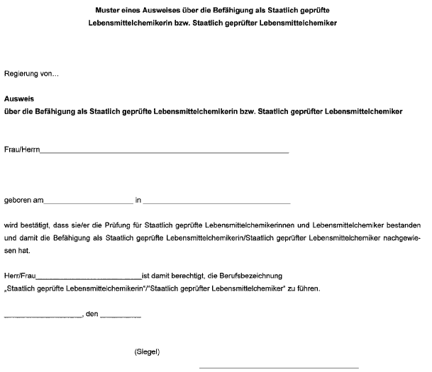 Muster eines Ausweises über die Befähigung als Staatlich geprüfte Lebensmittelchemikerin bzw. Staatlich geprüfter Lebensmittelchemiker