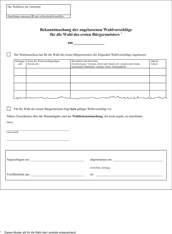 Bekanntmachung zugelassene Wahlvorschläge erster Bügermeister