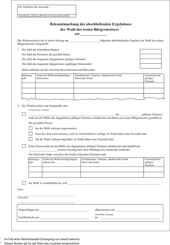Bekanntmachung abschließendes Ergebnis – Wahl des ersten Bügermeisters