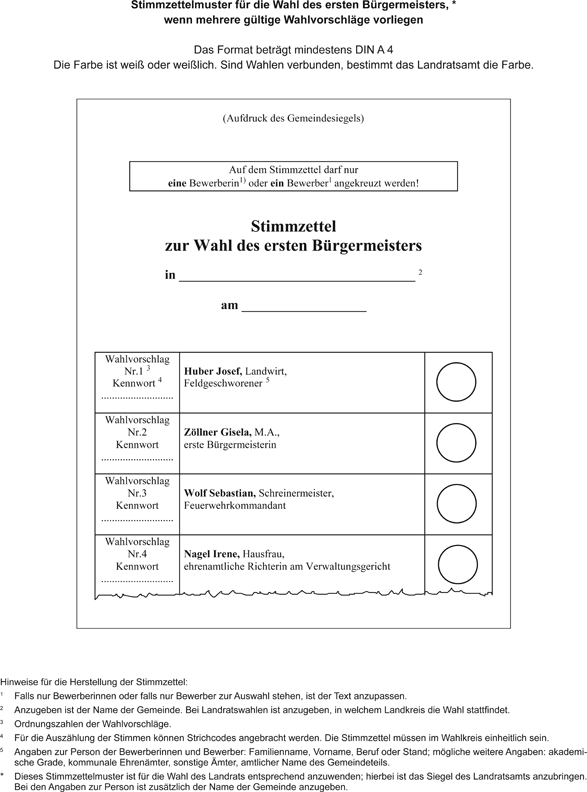 Stimmzettelmuster für die Wahl des ersten Bürgermeisters – mehrere gültige Wahlvorschläge