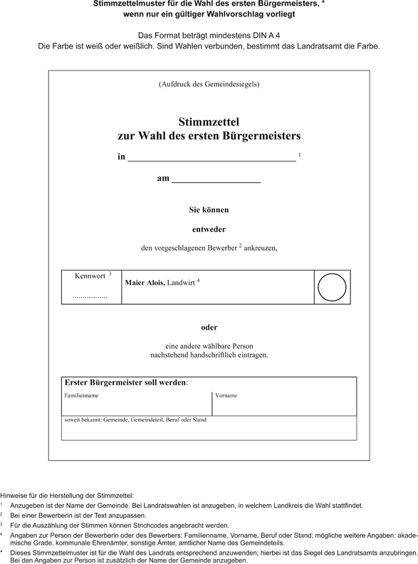 Stimmzettelmuster für die Wahl des ersten Bürgermeisters – ein gültiger Wahlvorschläg