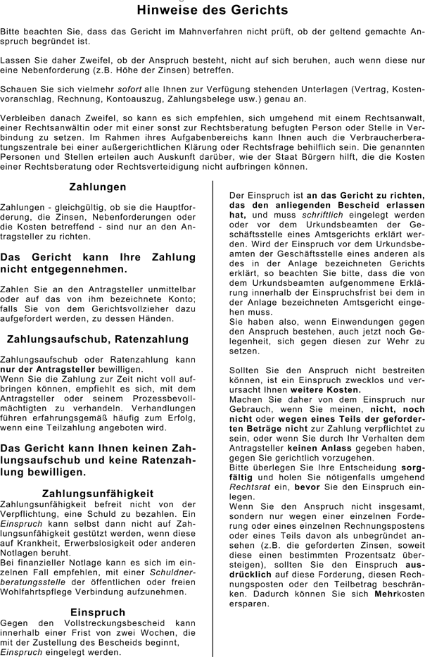 Muster nach § 16 Abs. 4 Satz 4 GVGA: Hinweise des Gerichts